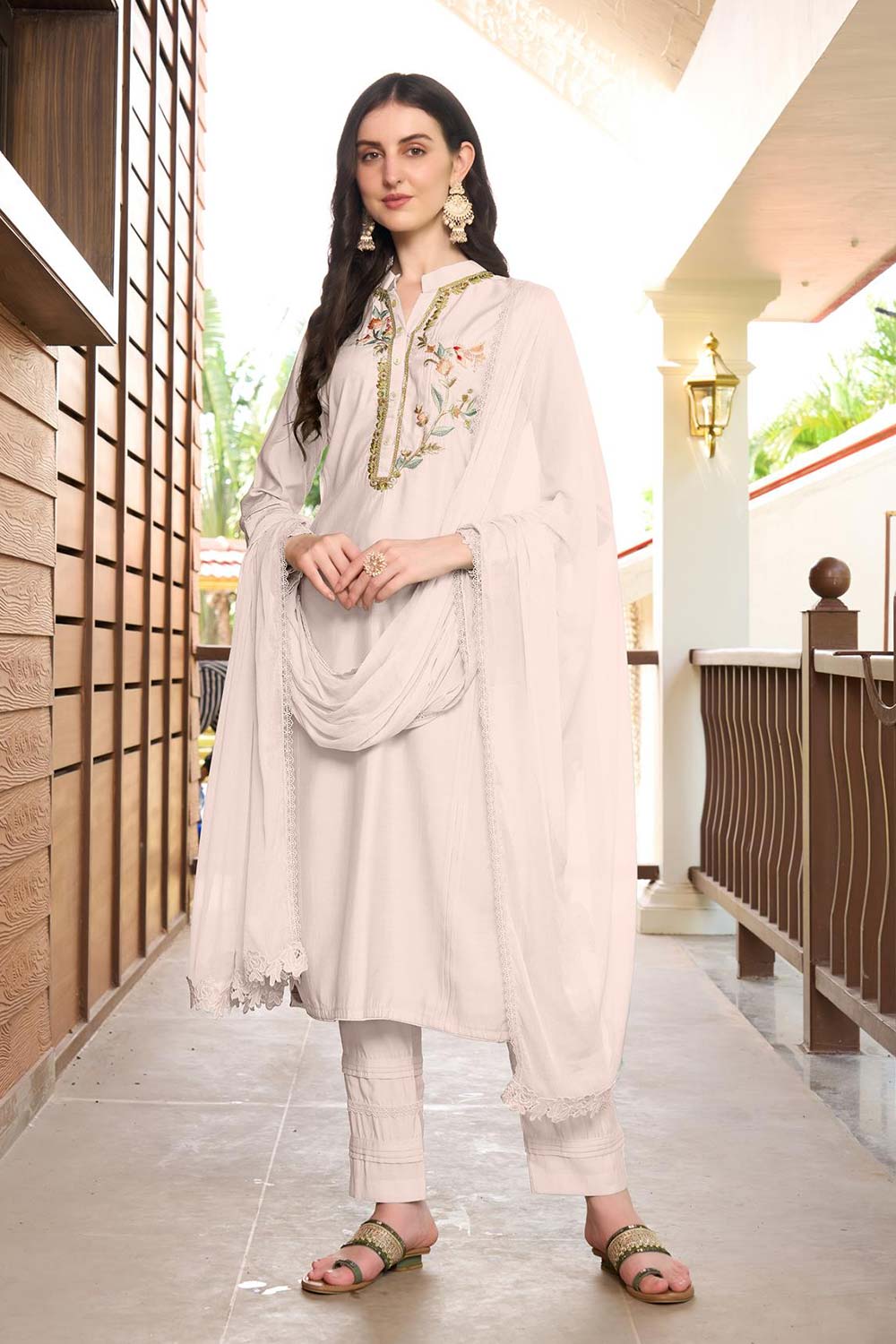 White Art Silk Embroidered Trouser Suit Set