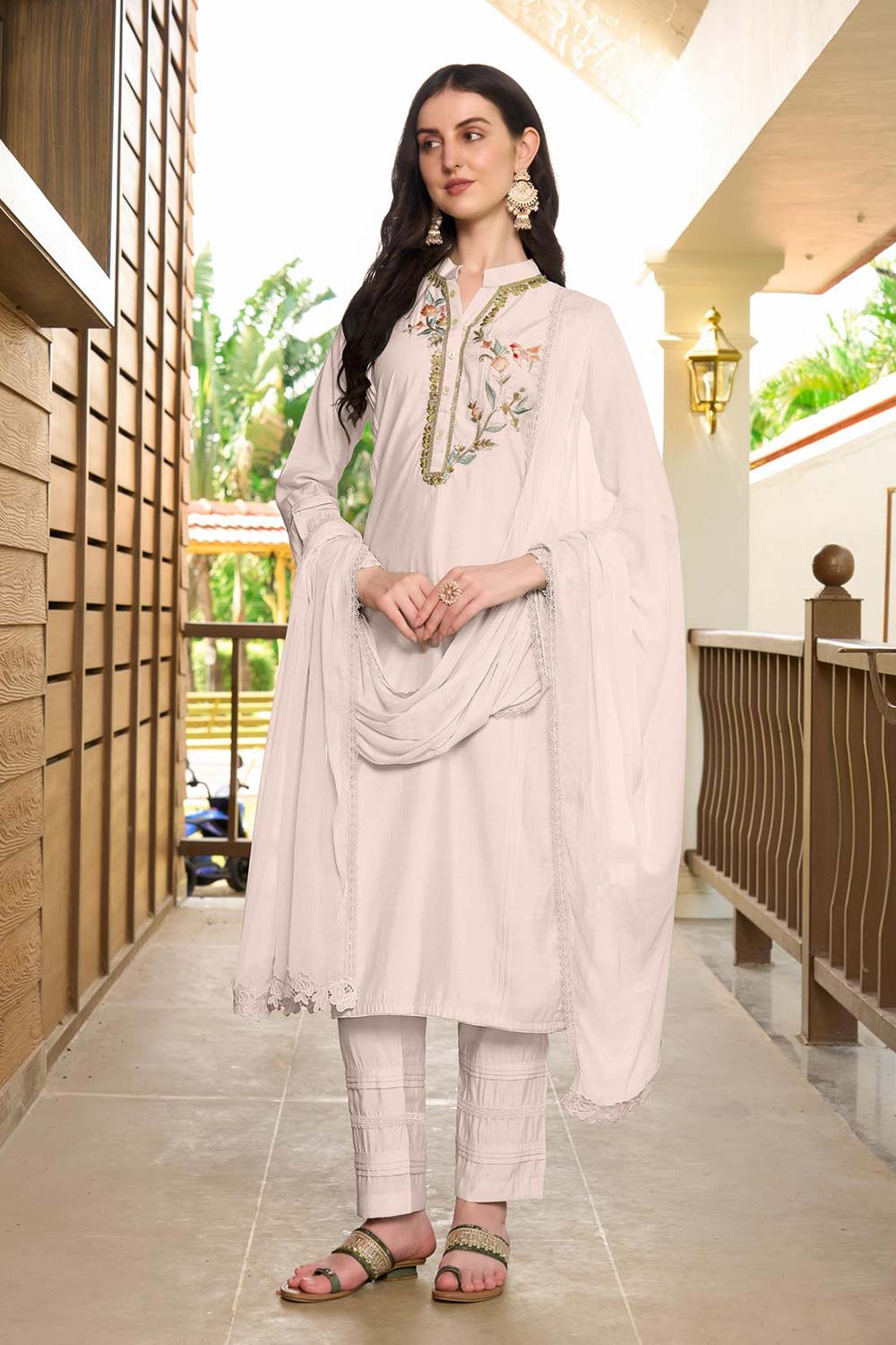 White Art Silk Embroidered Trouser Suit Set