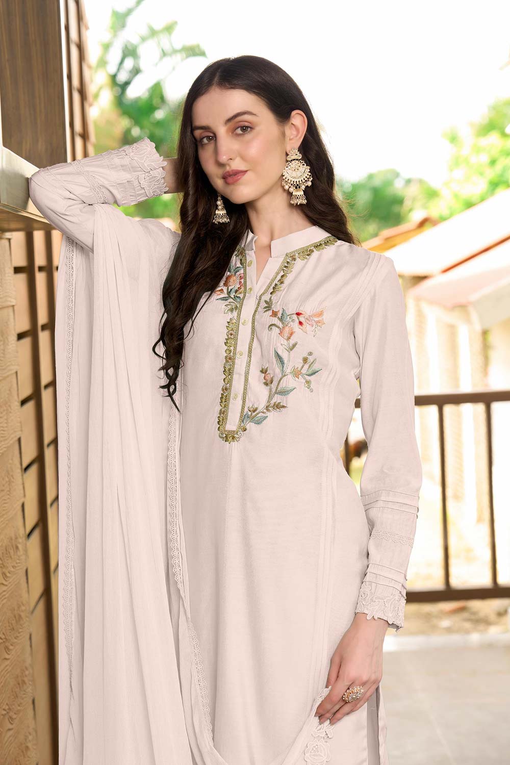 White Art Silk Embroidered Trouser Suit Set