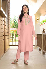 Light Pink Hand Embroidery Art Silk Straight Cut Kurta