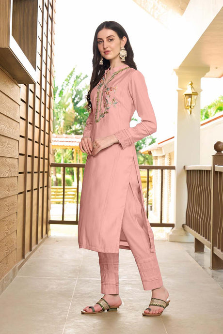 Light Pink Hand Embroidery Art Silk Straight Cut Kurta