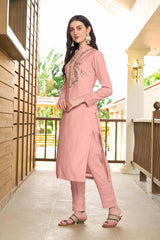 Light Pink Hand Embroidery Art Silk Straight Cut Kurta