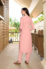 Light Pink Hand Embroidery Art Silk Straight Cut Kurta