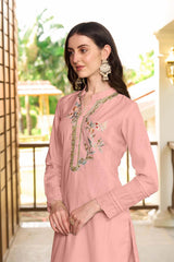 Light Pink Hand Embroidery Art Silk Straight Cut Kurta