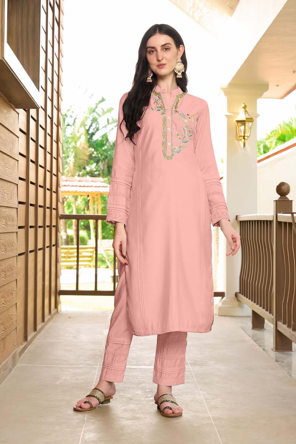 Light Pink Hand Embroidery Art Silk Straight Cut Pants Kurti Set