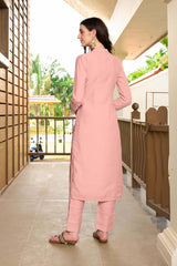 Light Pink Hand Embroidery Art Silk Straight Cut Pants Kurta Set