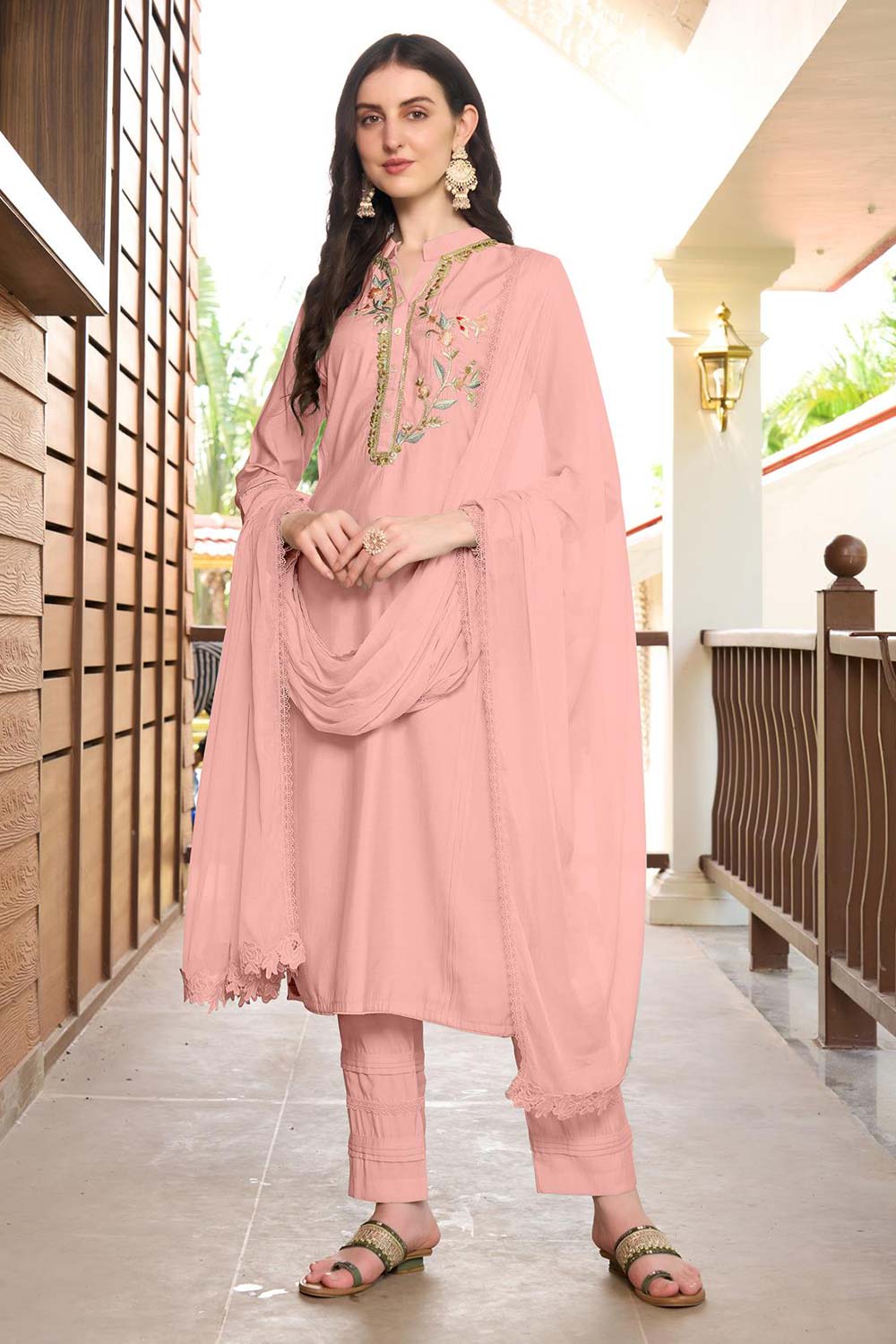 Pink Art Silk Embroidered Trouser Suit Set