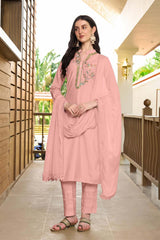 Pink Art Silk Embroidered Trouser Suit Set