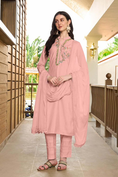 Pink Art Silk Embroidered Trouser Suit Set