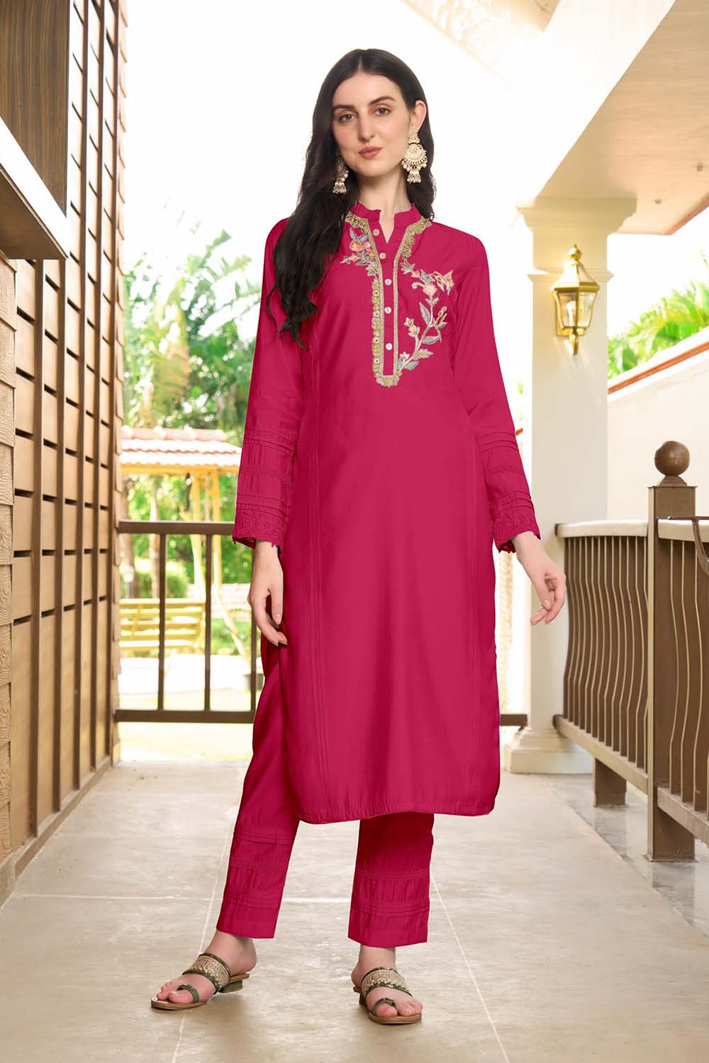 Pink Hand Embroidery Art Silk Straight Cut Kurta