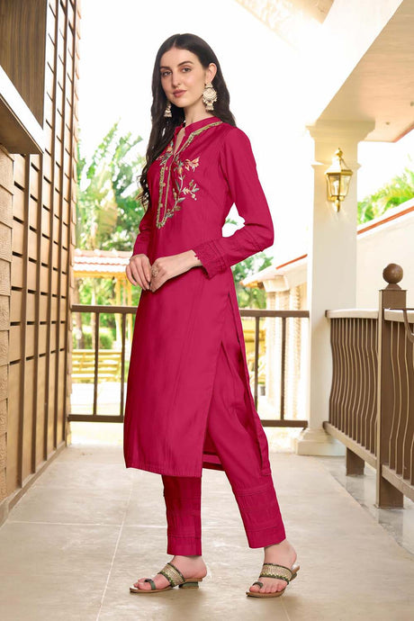 Pink Hand Embroidery Art Silk Straight Cut Kurta