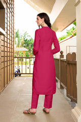 Pink Hand Embroidery Art Silk Straight Cut Kurta