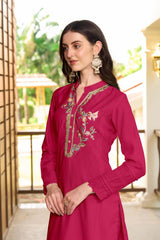 Pink Hand Embroidery Art Silk Straight Cut Kurti