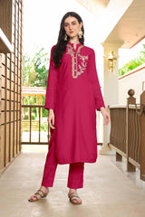 Pink Hand Embroidery Art Silk Straight Cut Pants Kurta Set