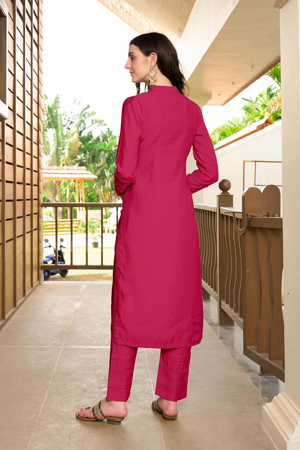 Pink Hand Embroidery Art Silk Straight Cut Pants Kurta Set