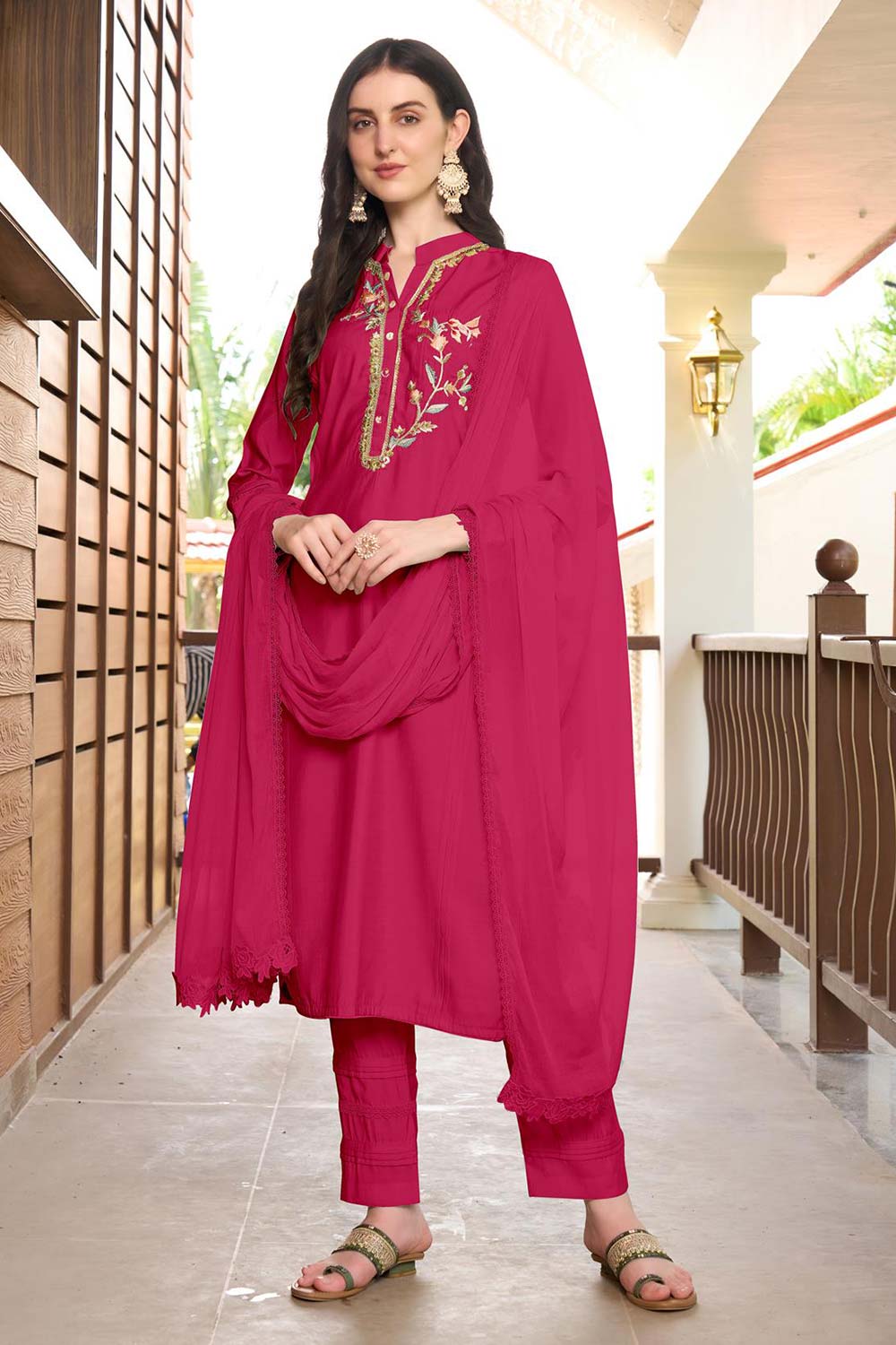 Pink Art Silk Embroidered Trouser Suit Set