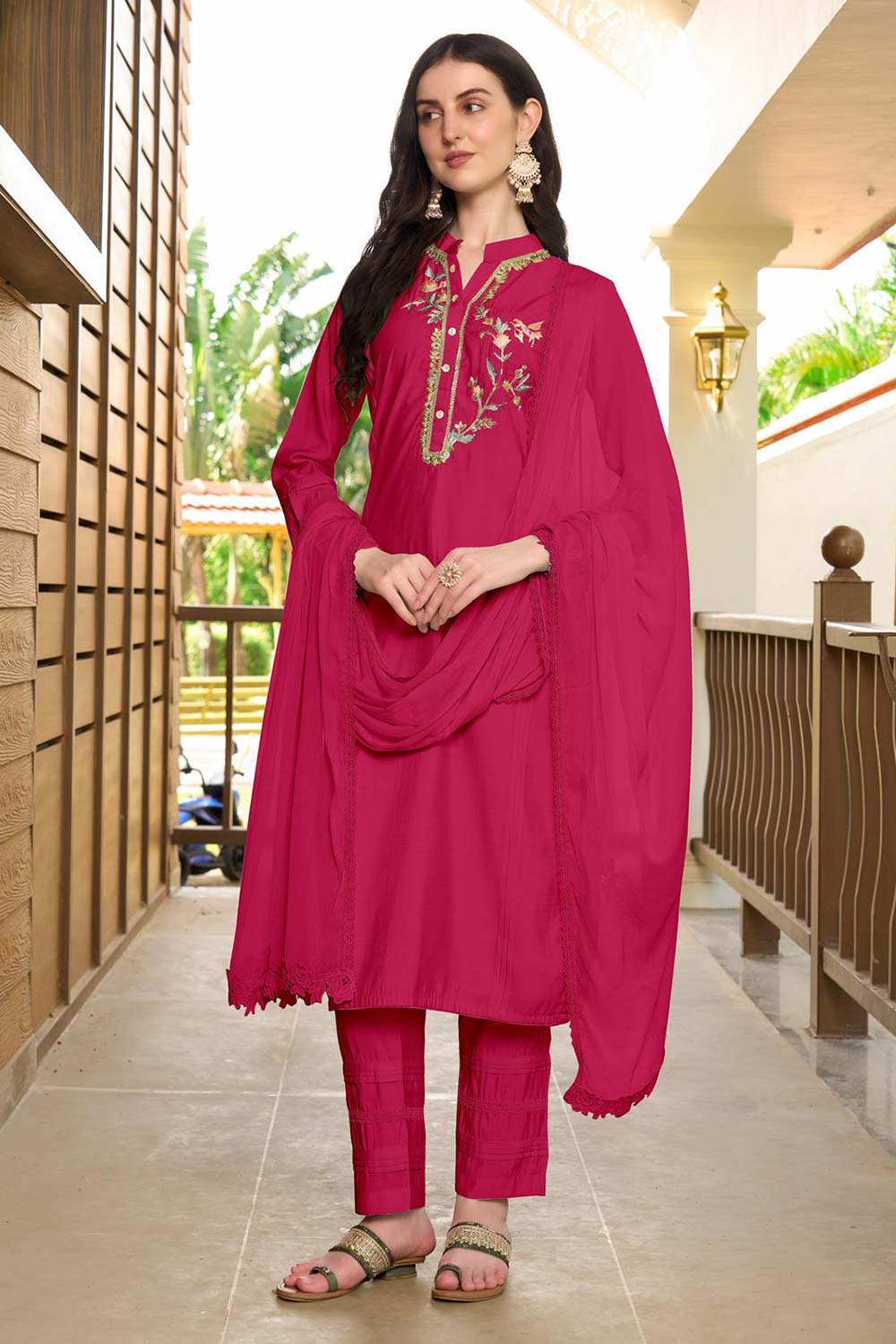 Pink Art Silk Embroidered Trouser Suit Set