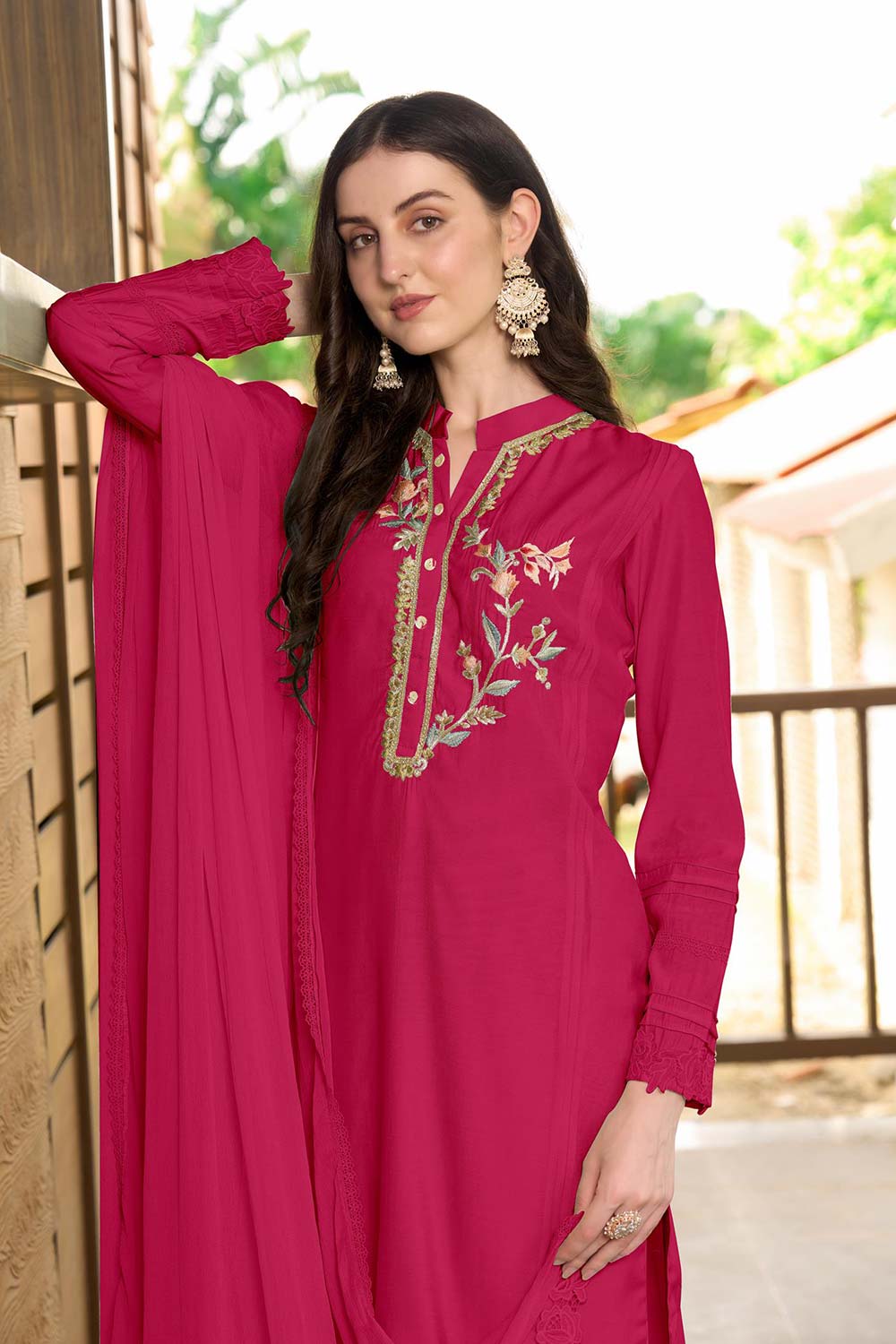 Pink Art Silk Embroidered Trouser Suit Set