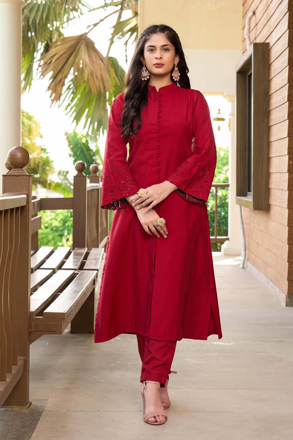 Maroon Hand Embroidery Art Silk A Line Kurta