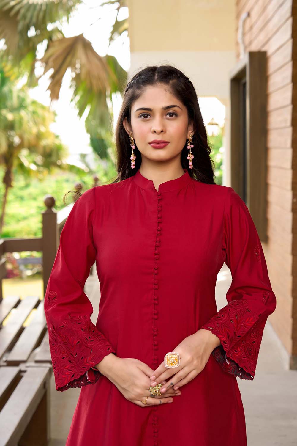 Maroon Hand Embroidery Art Silk A Line Kurti