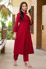 Maroon Hand Embroidery Art Silk A Line Pants Kurti Set