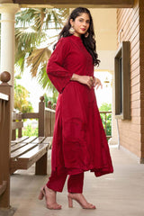 Red Art Silk Embroidered Trouser Suit Set