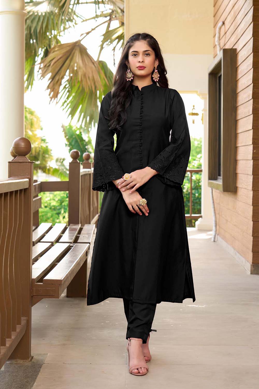 Black Hand Embroidery Art Silk A Line Pants Kurta Set