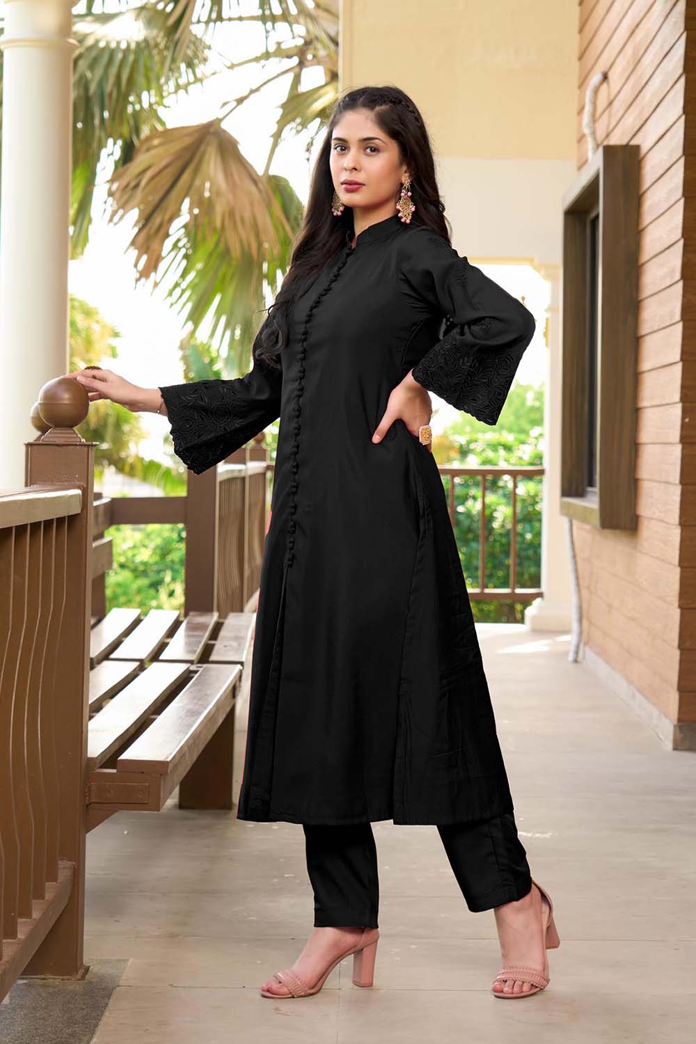 Black Hand Embroidery Art Silk A Line Pants Kurta Set