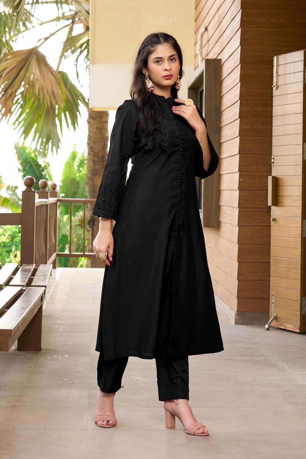 Black Hand Embroidery Art Silk A Line Pants Kurta Set