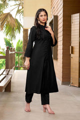 Black Hand Embroidery Art Silk A Line Pants Kurta Set