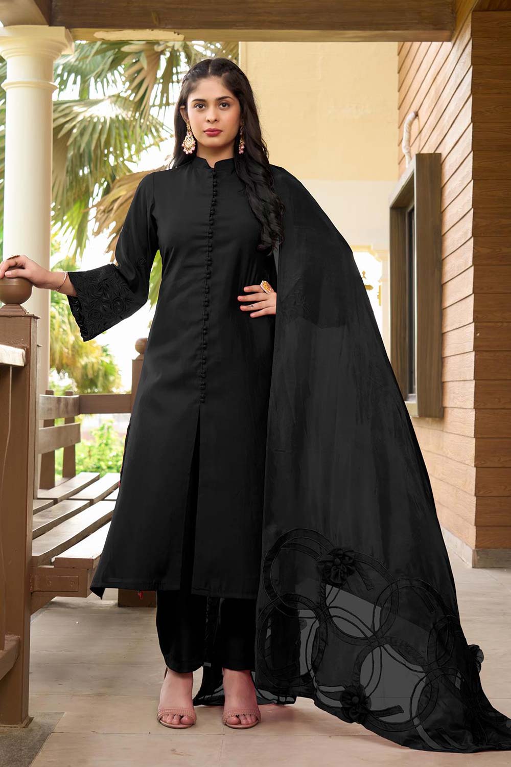 Black Art Silk Embroidered Trouser Suit Set