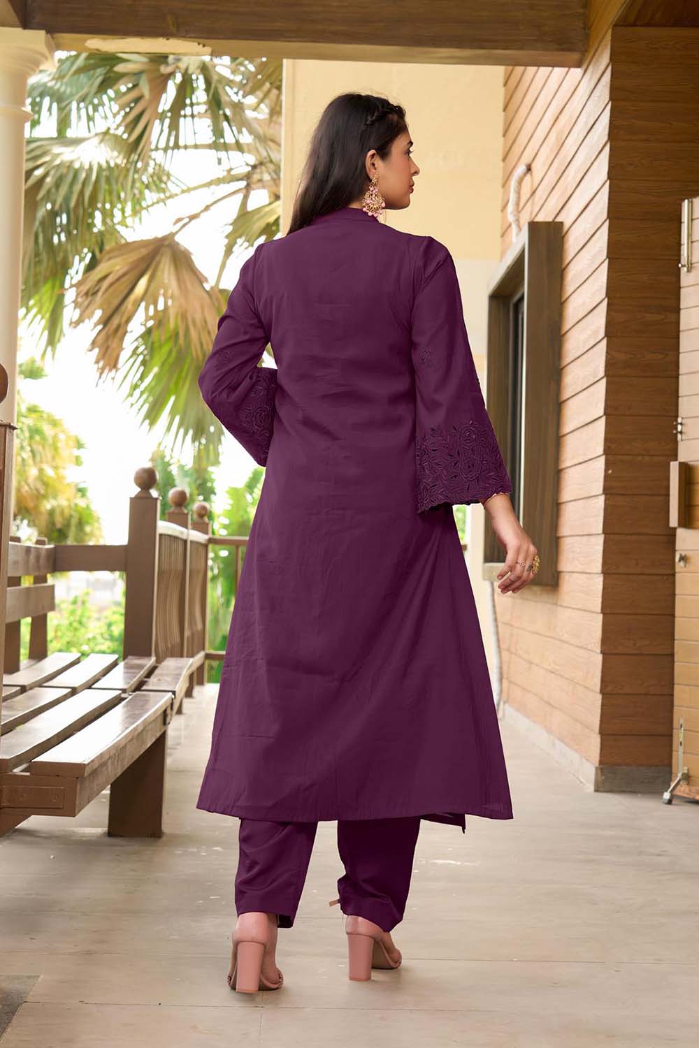 Violet Hand Embroidery Art Silk A Line Kurta