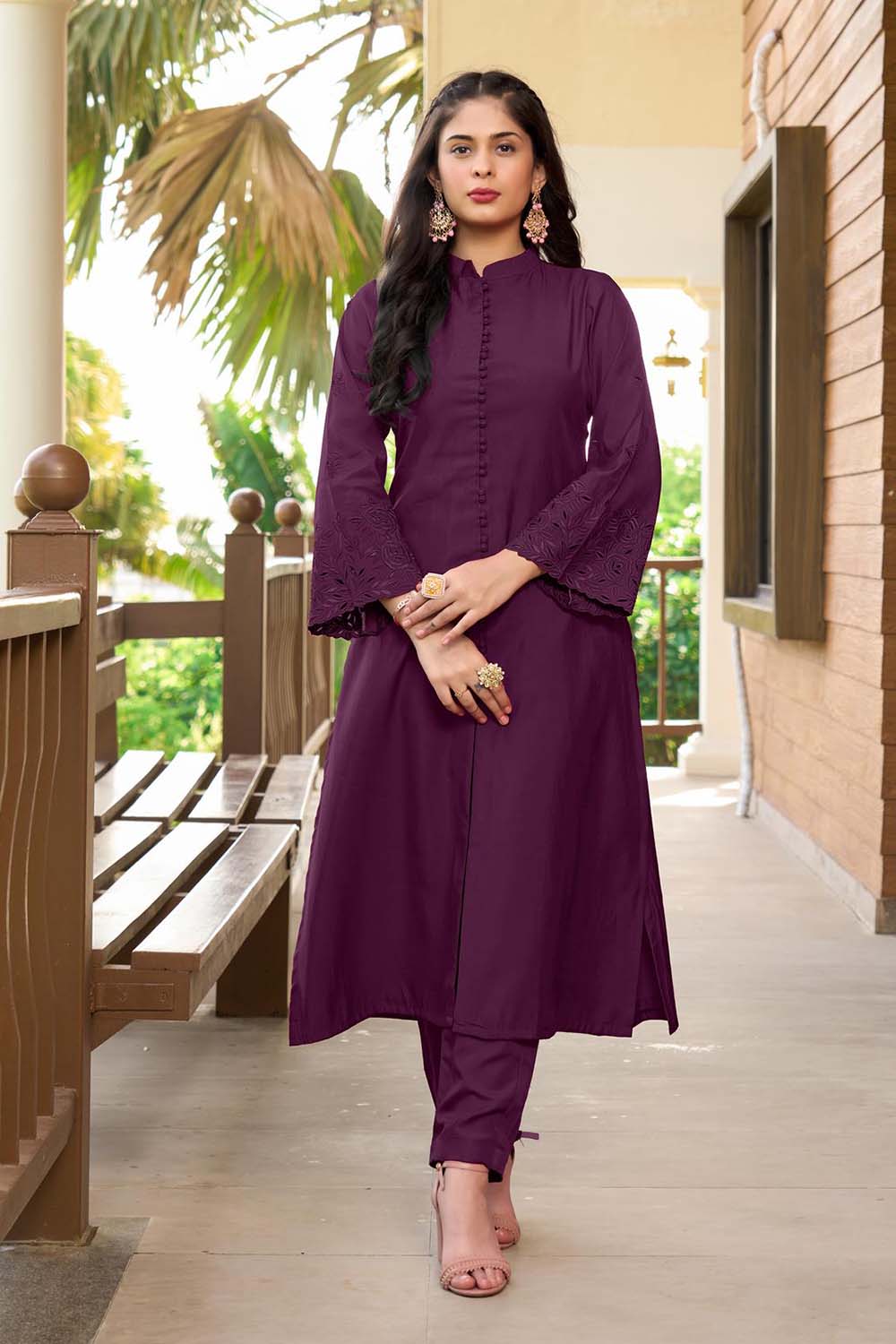 Violet Hand Embroidery Art Silk A Line Pants Kurta Set