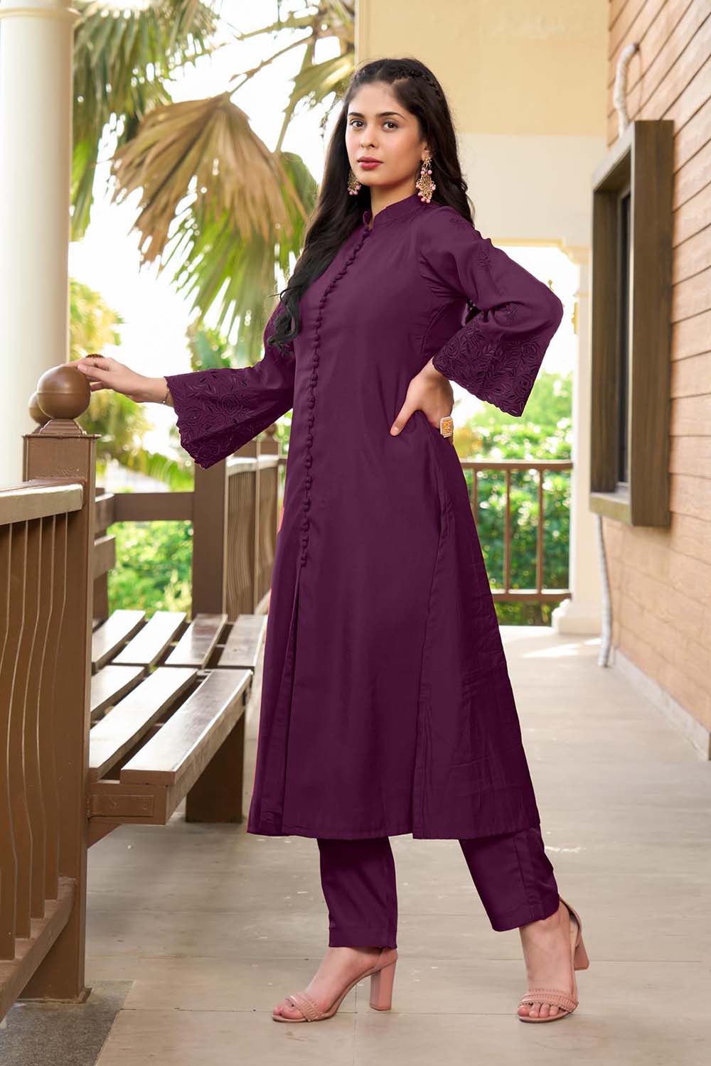 Violet Hand Embroidery Art Silk A Line Pants Kurta Set