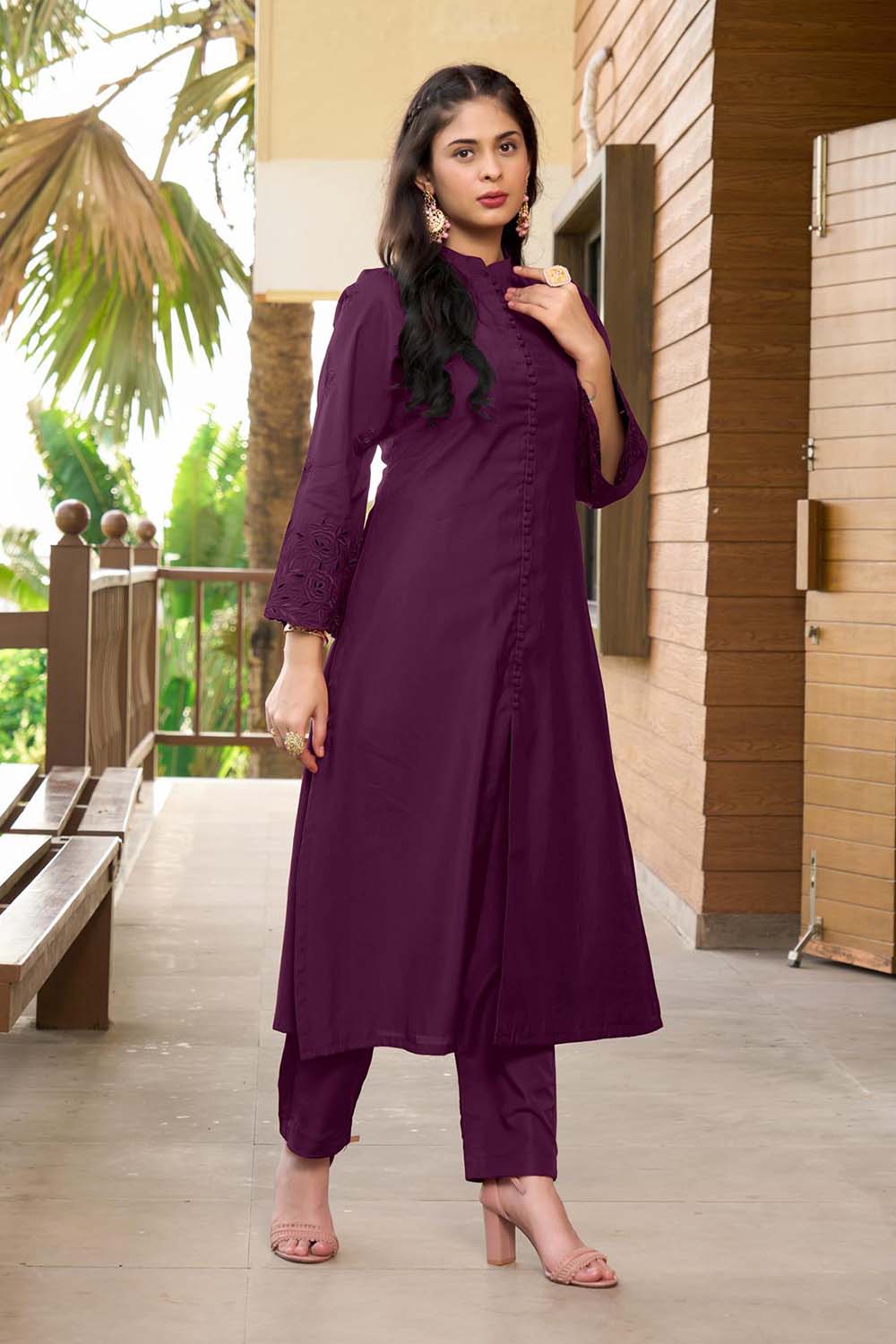 Violet Hand Embroidery Art Silk A Line Pants Kurta Set