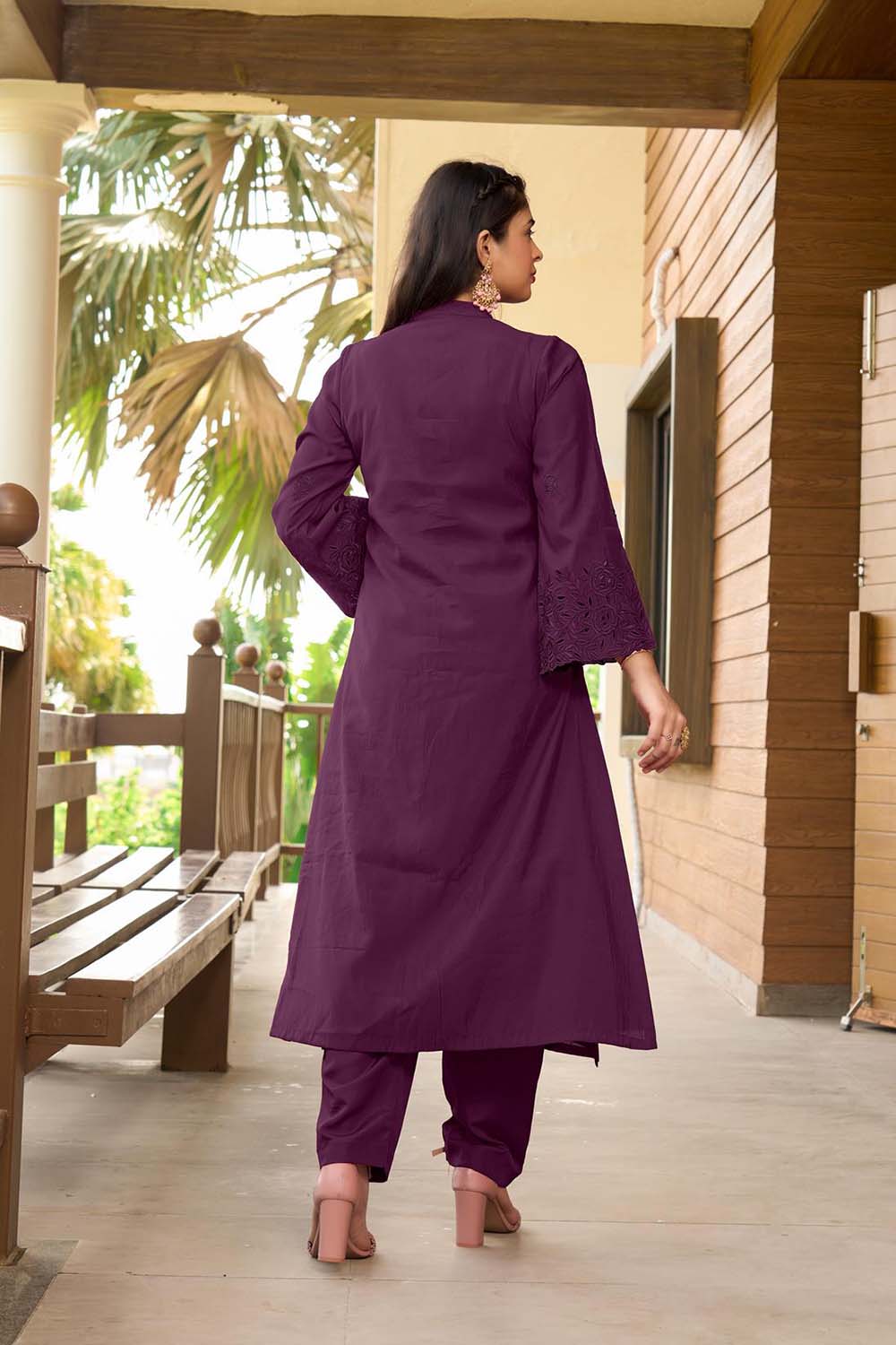 Violet Hand Embroidery Art Silk A Line Pants Kurta Set