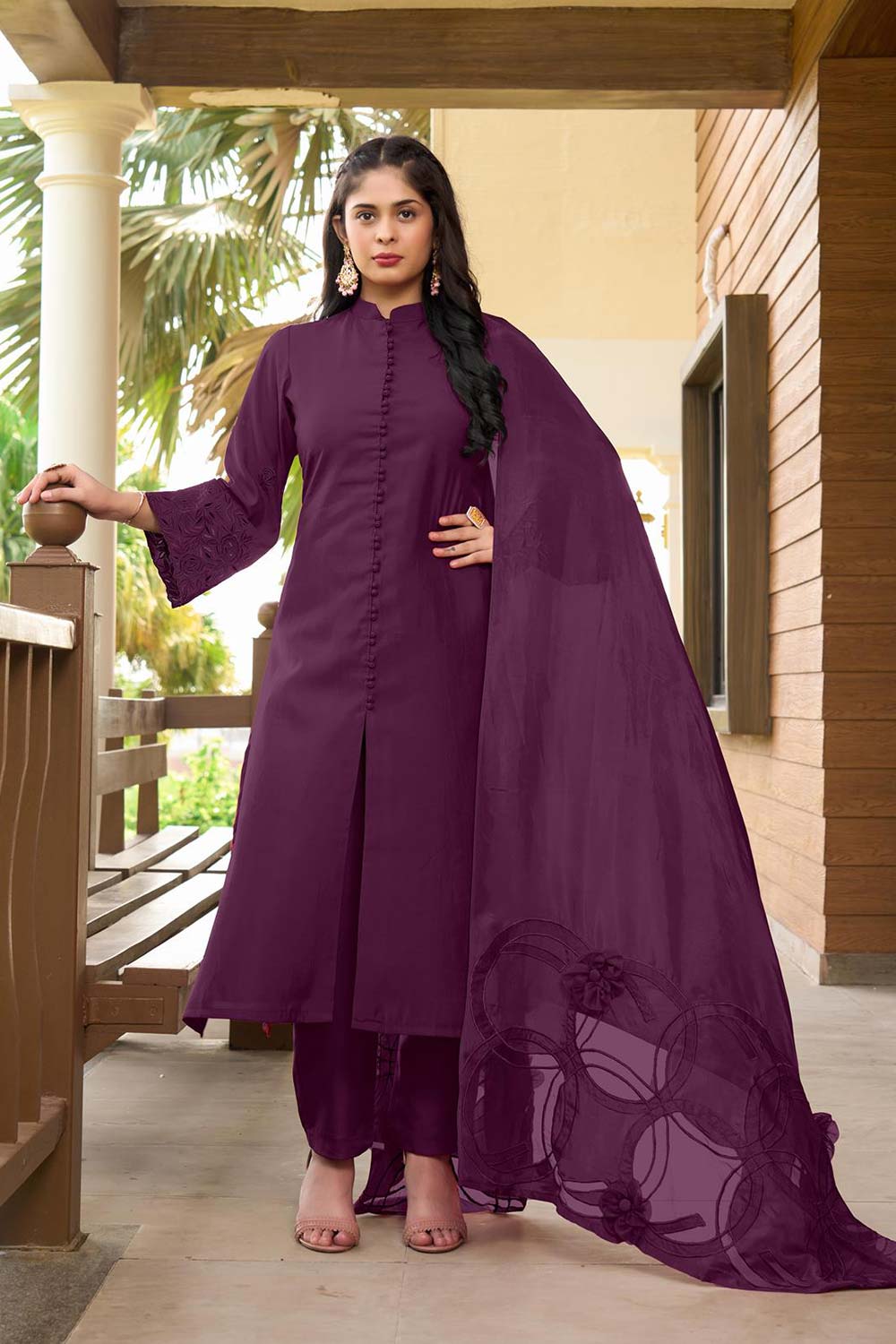 Violet Art Silk Embroidered Trouser Suit Set