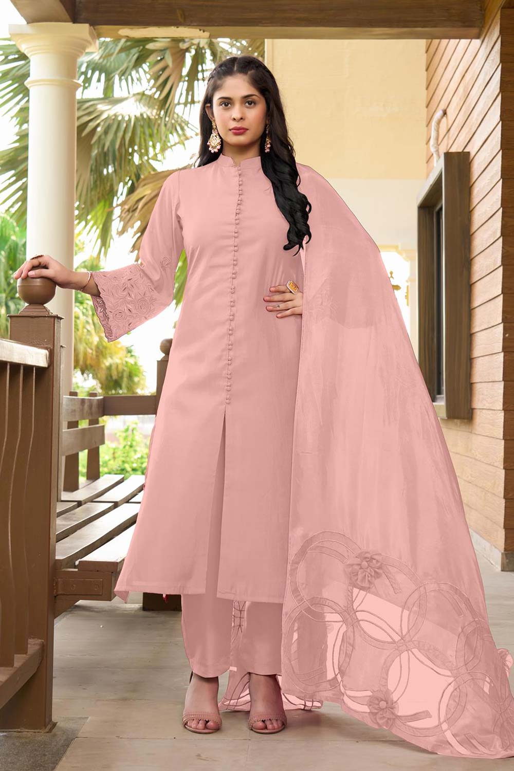 Pink Art Silk Embroidered Trouser Suit Set