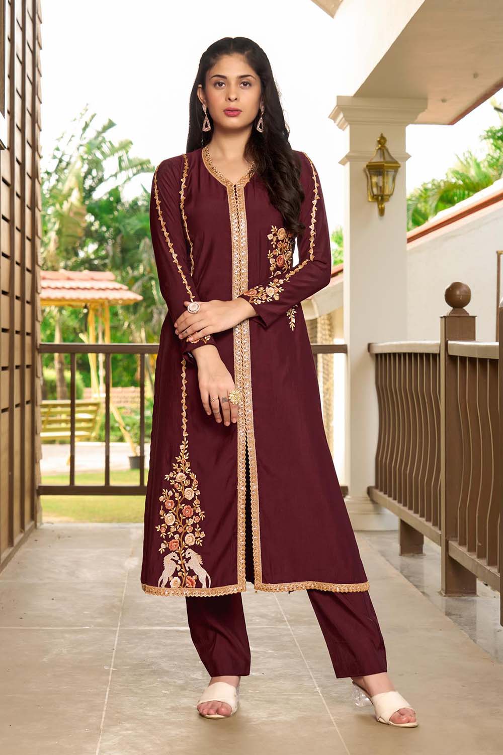 Dark Maroon Hand Embroidery Art Silk A Line Kurti