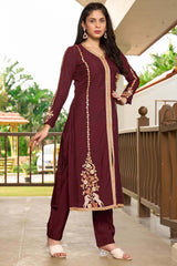 Dark Maroon Hand Embroidery Art Silk A Line Kurti