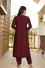 Dark Maroon Hand Embroidery Art Silk A Line Kurta