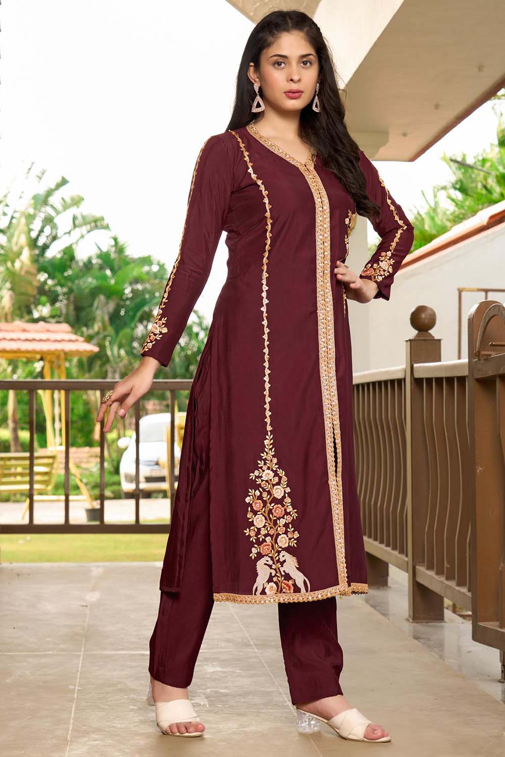 Dark Maroon Hand Embroidery Art Silk A Line Pants Kurti Set