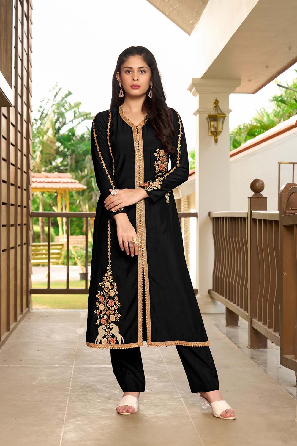 Black Hand Embroidery Art Silk A Line Kurti