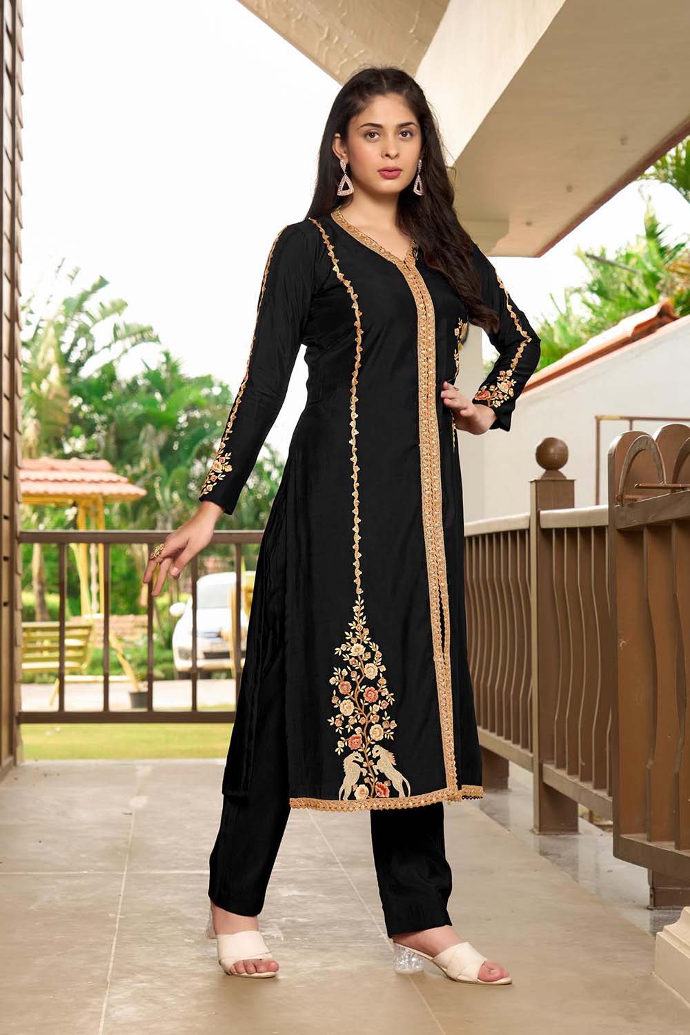 Black Hand Embroidery Art Silk A Line Kurti