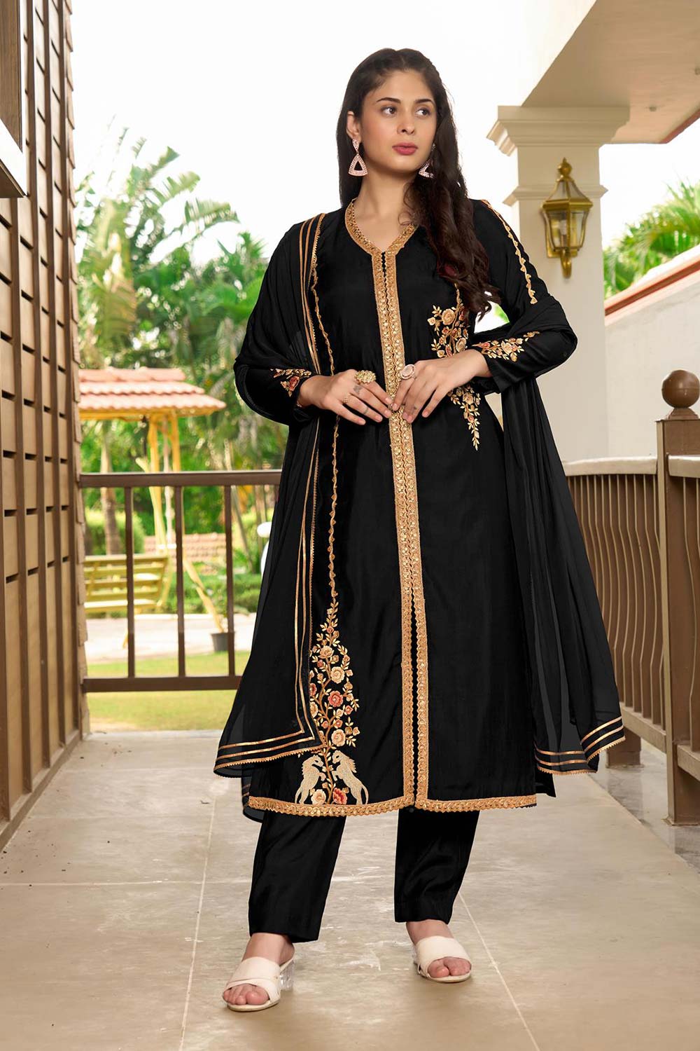 Black Art Silk Embroidered Trouser Suit Set