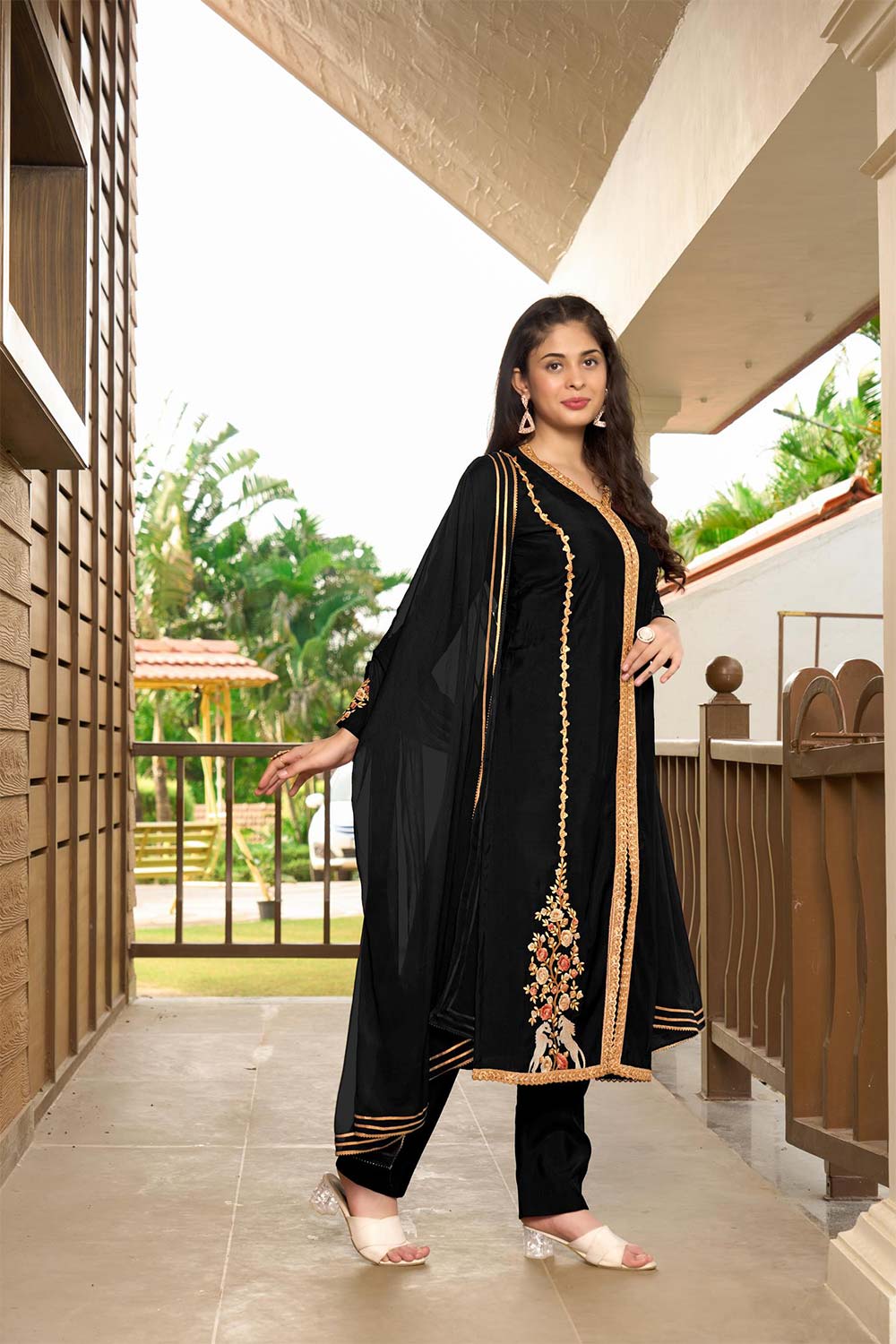 Black Art Silk Embroidered Trouser Suit Set