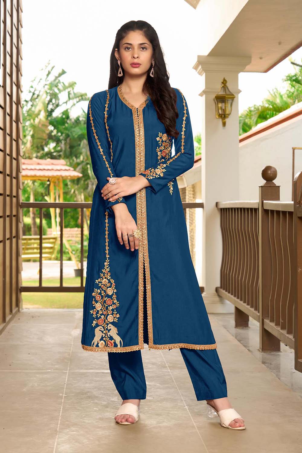 Royal Blue Hand Embroidery Art Silk A Line Kurti