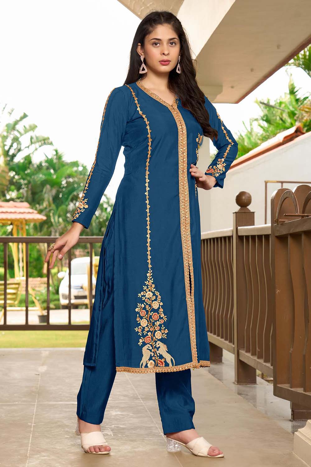 Royal Blue Hand Embroidery Art Silk A Line Kurti