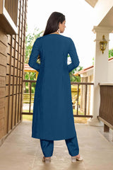 Royal Blue Hand Embroidery Art Silk A Line Kurta