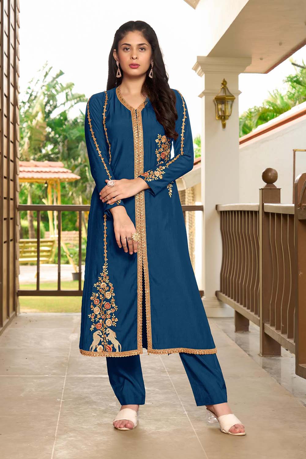 Royal Blue Hand Embroidery Art Silk A Line Pants Kurta Set